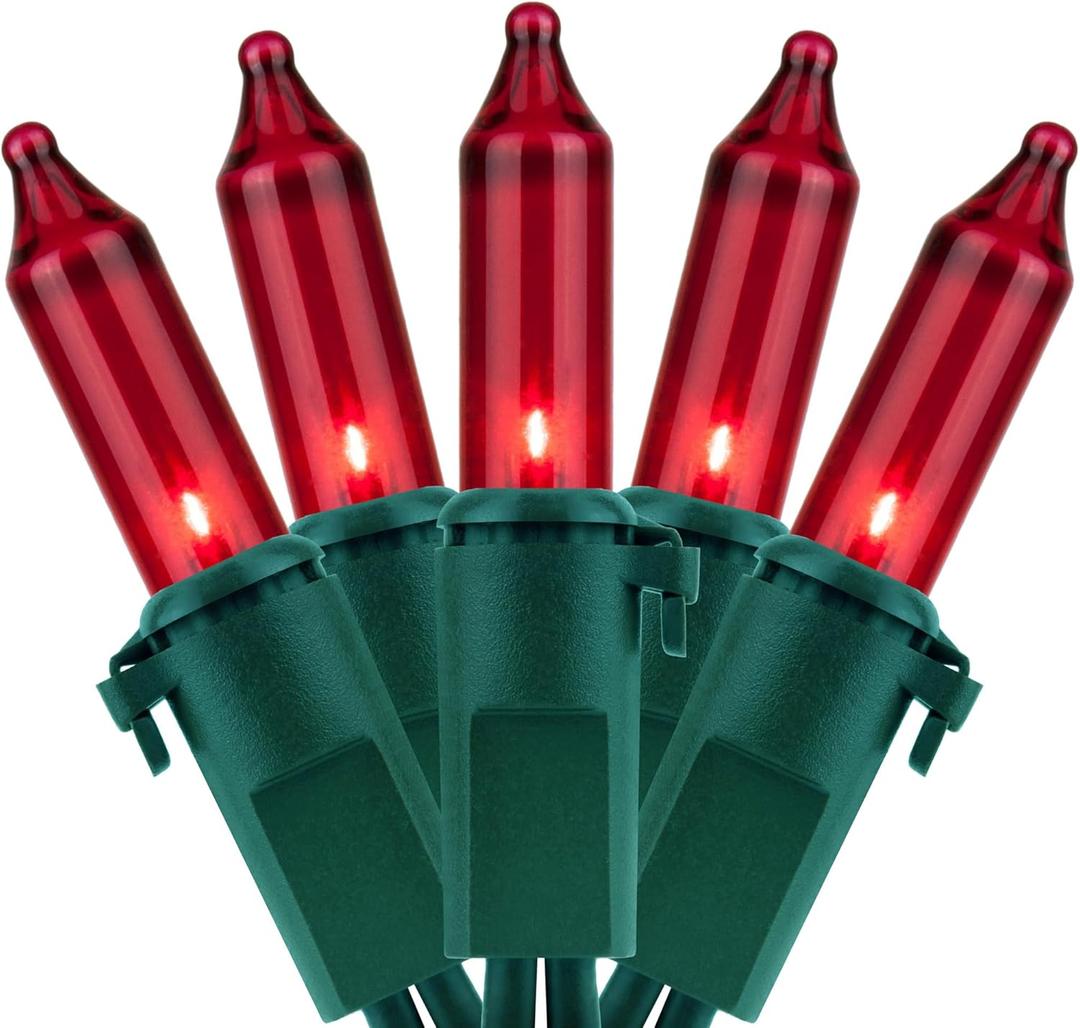 YULETIME 200 Red Christmas Lights, Pack of 2 Sets 33 Feet 100 Count UL Certified Incandescent String Lights (Red - Green Wire)