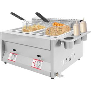 Commercial Gas Deep Fryer, 6Lx2Tank Countertop Stainless Steel Double Deep Fryer with 2 Baskets & Lids, Propane LPG Oil Frying Pot Kitchen Frying Machine for Home Kitchen Restaurant