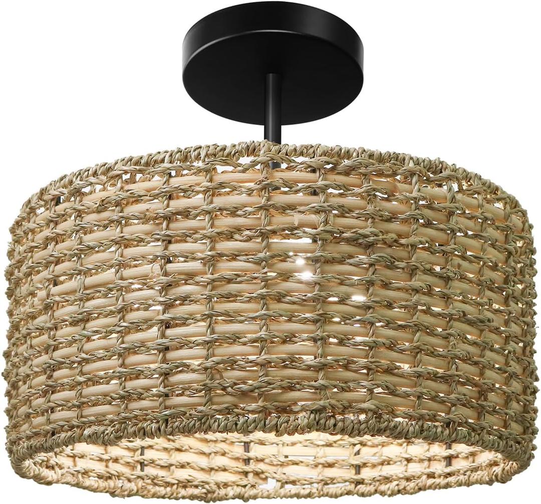 Boho Light Fixtures Ceiling Mount, 12.6" Rattan Ceiling Lights, 3-Light Hand Woven Semi Flush Mount Ceiling Light Fixture, Farmhouse Wicker Ceiling Lights for Bedroom Hallway Entryway Kitchen