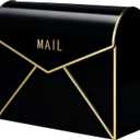 Kathfly Wall Mount Mailbox Waterproof Rustproof Metal Mail Holder 12.6" W x 4.7" D x 10.2" H Large Wall Mounted Gold Trim Mail Envelope Post Box for Outside House Office Porch Outdoor Use(Black)