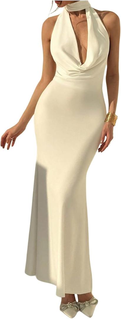 SOLY HUX Women's Cowl Neck Halter Bodycon Long Dress Sleeveless Fishtail Party Cocktail Maxi Dresses (Medium)
