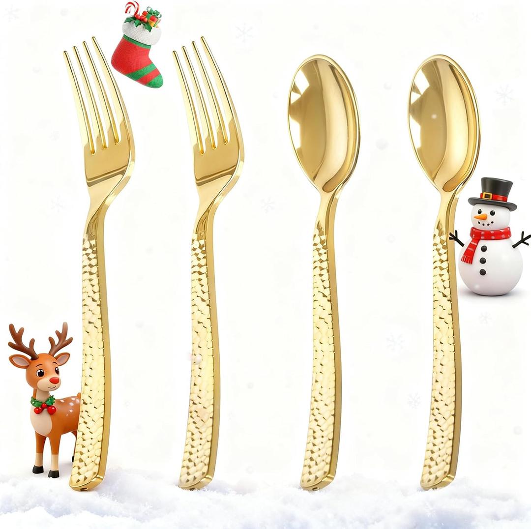KIRE 400PCS Gold Plastic Spoons and Forks Disposable - Gold Plastic Silverware Set Disposable - 200 Forks and 200 Spoons for Thanksgiving Party, Birthday