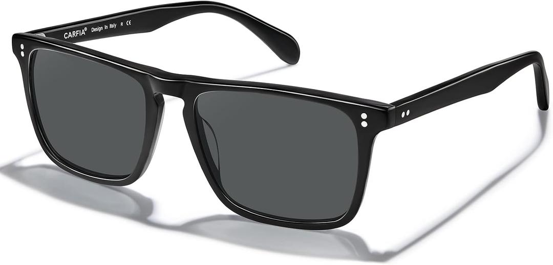 CARFIA Retro Polarized Sunglasses for Men UV Protection Hand-crafted Acetate Frame Fashion Cool Sun Glasses CA53572 (1. Black Frame Gray Lens)