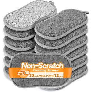 Multi-Purpose Scrub Kitchen Sponges 12 Pack Dish Sponge, Dual-Sided Non-Scratch Microfiber & Metal Scrubber, Reusable Sponges for Dishes, Pots, Glass, Sink, Stovetop & Bathroom (Gray)