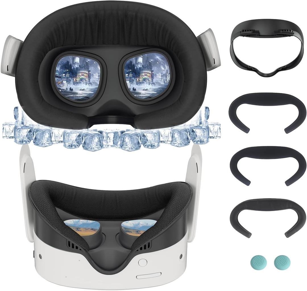 for Meta/Oculus Quest 3S Accessories Face Pad Cover & Facial Interface, 3pcs Replacement Foam Cushion with Pleasantly Cool Ice Silk Cotton, Sweat-Proof PU Leather Foam,Cotton Mesh Foam Face Cushion