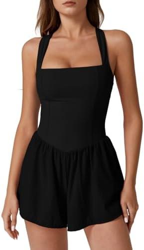 QINSEN Squaer Neck Jumpsuit for Women Tummy Control High Waisted Casual Rompers Black S