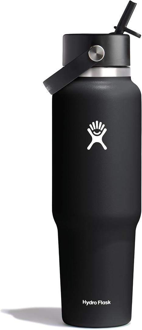 Hydro Flask Travel Water Bottle - Insulated Stainless Steel - Wide Straw Lid, Non Spill, Leakproof in 40 Oz Black