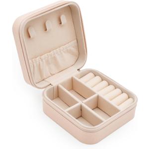 MODENGKONGJIAN Mini Jewelry Travel Case, PU Leather Organizer Box, Small Portable Jewellery Storage Holder for Womens Rings Earrings Necklaces Bracelets (Pink)