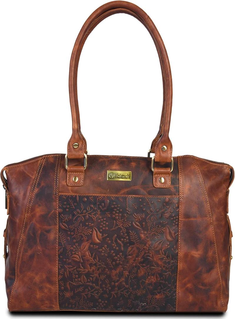 VALENCHI Genuine Leather Purse For Women - Real Leather Tote Bag For Women - Ladies Shoulder Bag For Work, Travel (Cognac Vintage)