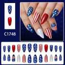 4th of July Press on Nails Medium Almond Patriotic Fake Nails, Red White Blue American Flag Stars Stripes Designs, Glitter Glossy False Nails, Independence Day Stick on Nails for Women Manicure 24Pcs
