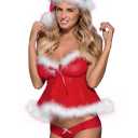 Christmas Lingerie for Women Santa Teddy Lingerie 3 Piece Bra and Panty with Garter Belt Set Suede Velvet Babydoll (One Size, Style 4-red)