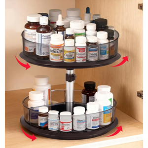 2 Tier Medicine Cabinet Organizer, Rotary Turntable Organizer for Medicine and Vitamin Bottles, Under Sink Organizer for Medicine, Bathroom Cabinet Storage, Tray has Removable Dividers, Easy Assembly