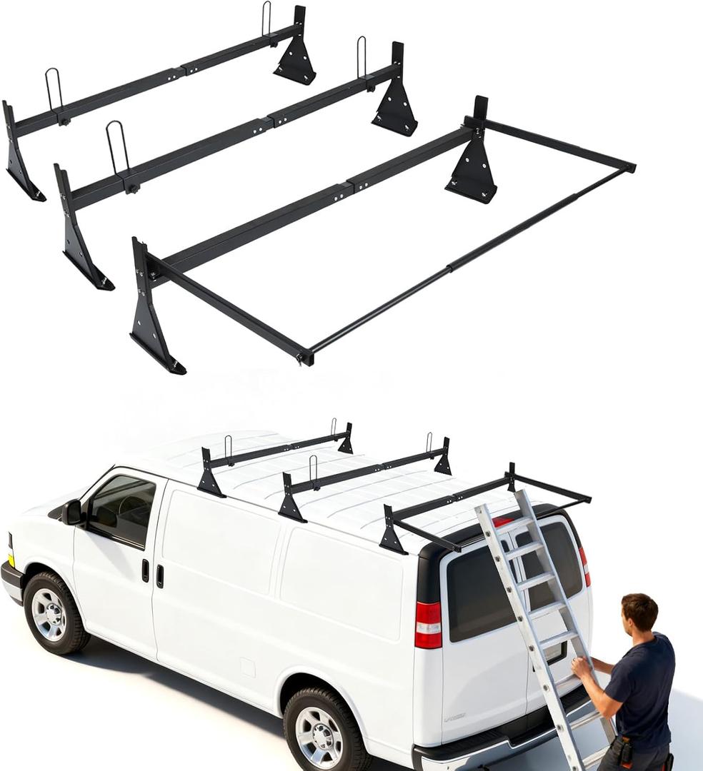 hightall Universal Van Ladder Rack with Roller,Adjustable Length 57-70" with Cargo Stoppers for Van with Rain Gutter,Compatible with Chevy Express 1500 2500 3500 Ford Econoline GMC Savana