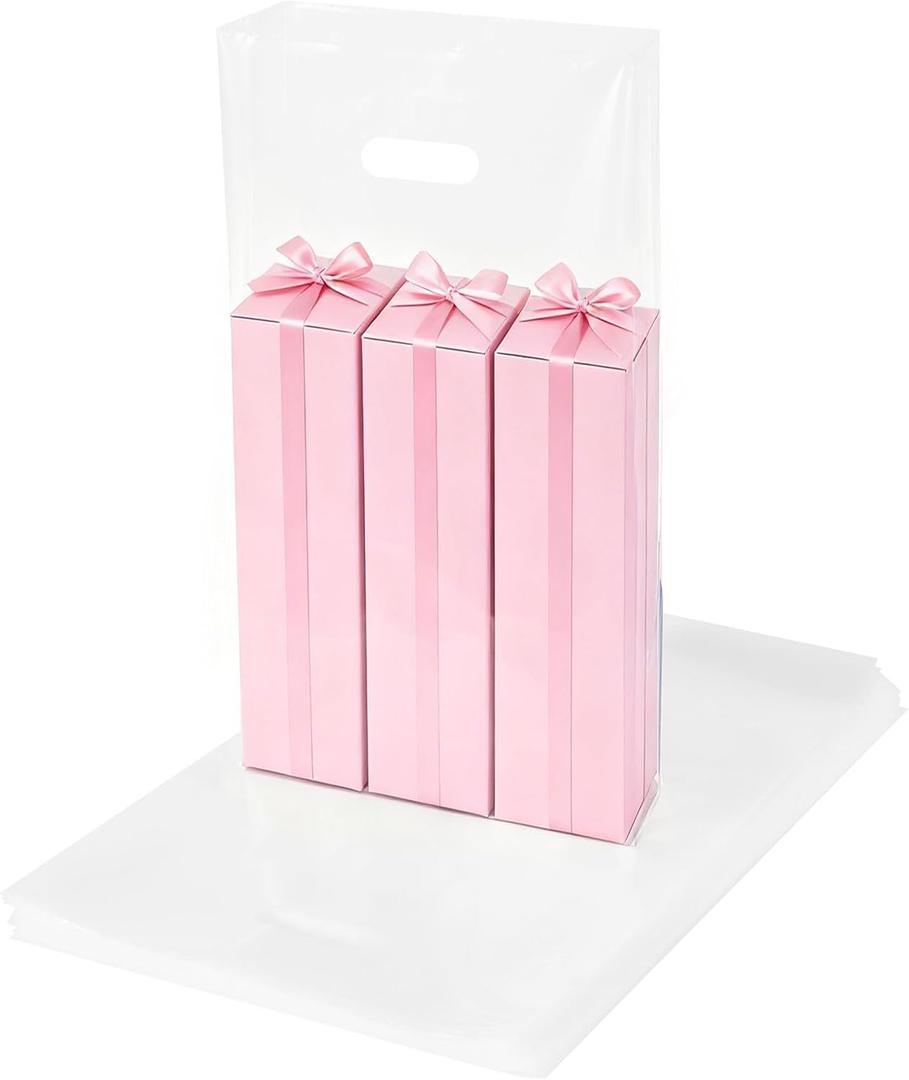 100 Pack Thick Clear Plastic Bags with Die Cut Handles,2.3 Mil 12" x 18"White Plastic shopping bags for Retail, Small Business, Gift and Trade Show Reusable