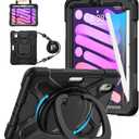 BATYUE Case for iPad mini 7 A17 Pro 2024/iPad Mini 6 2021 8.3 Inch with Pencil Holder, 360 Rotating Stand, Shoulder Strap, Handle Grip, Shockproof Rugged Case for iPad mini 7th/6th Gen, Black