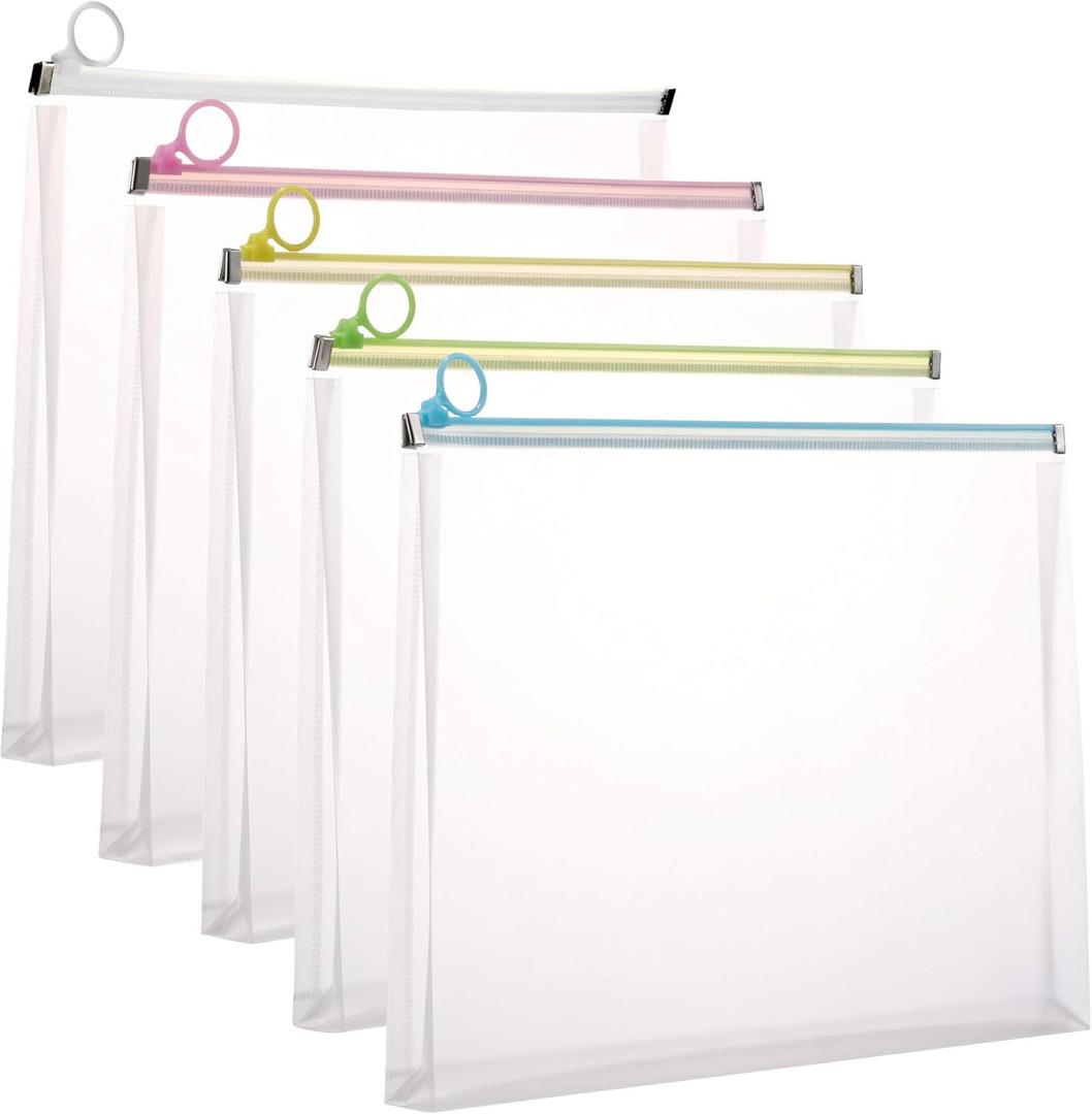 5Packs 9 3/4 x 13 Clear Plastic Zip Envelopes Letter File Document Paper Folder Case Assorted Colors