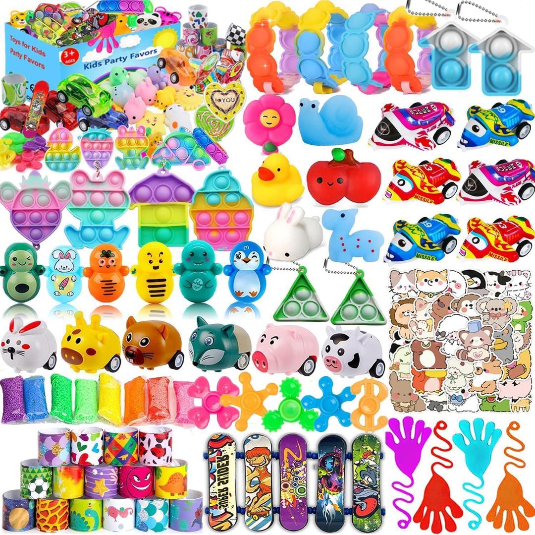 124 Pcs Party Favors for Kids 4-8-12, Pop Fidget Treasure Box Toys, Goodie Bag Fillers, Pinata Stuffers, Treasure Chest, Carnival Prizes, Prize Box Toys for Kids Classroom