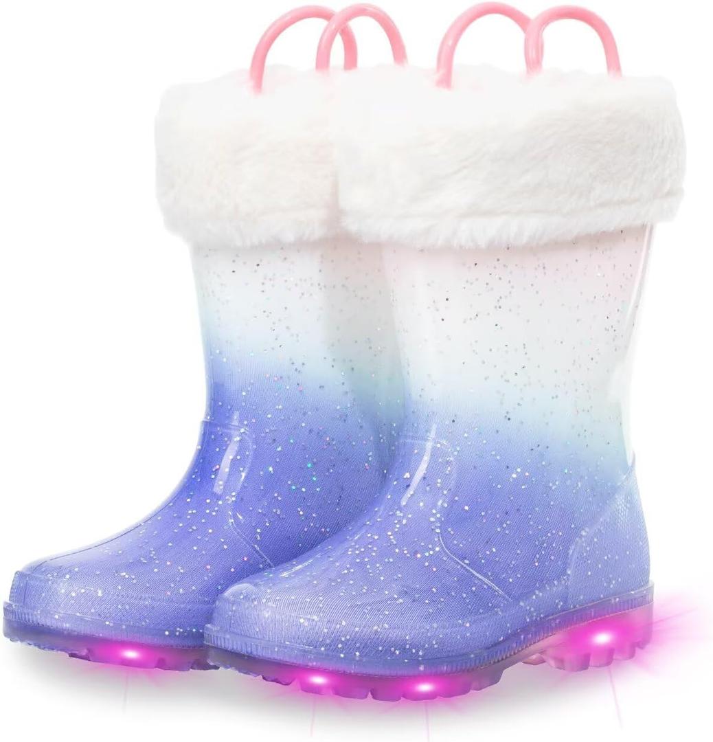 EUXTERPA Toddler Kids Light Up/Solid Color Rain Boots Waterproof Warm Fleece Lined Boots for Boys Girls Winter Snow Boots, 30