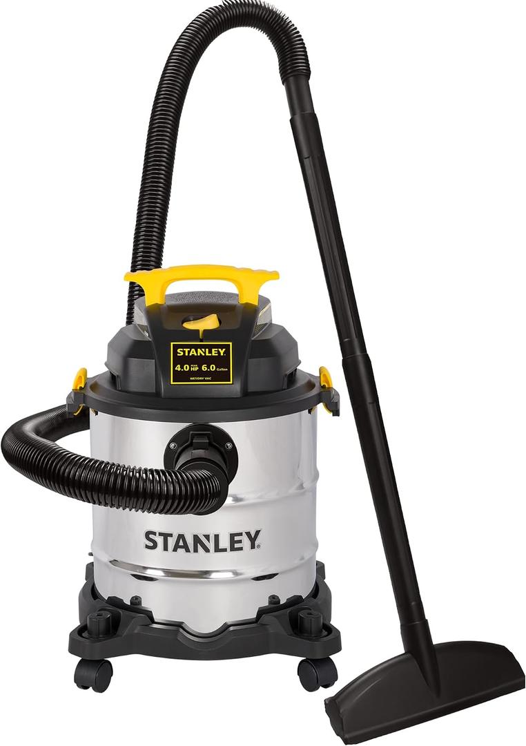STANLEY SL18116 Wet/Dry Vacuum, 6 Gallon, 4 Horsepower, Stainless Steel Tank, 4.0 HP, Silver+Yellow
