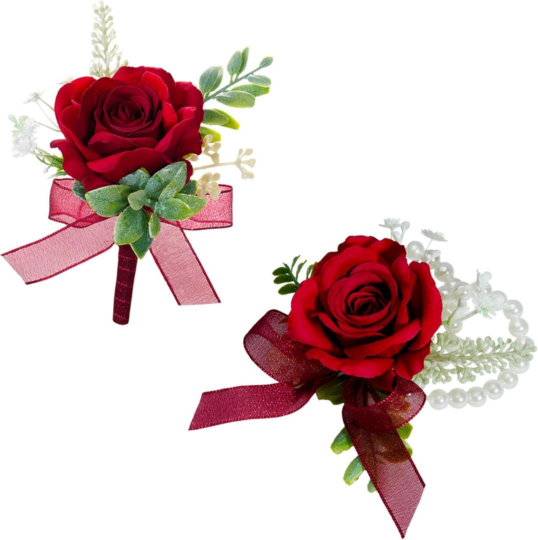 AuroraAria Red Corsage and Boutonniere Set, Silk Prom Corsage Wristlet Band Bracelet for Homecoming, Wedding, Prom Suit Accessories