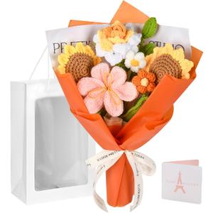 Crochet Flower Bouquet, Orange Crochet Flowers Gifts for Her, Crochet Sunflowers Tulips Roses Bouquet for Valentines Day, Weddings Birthdays Home Decor Gift for Women Moms Wife Friends