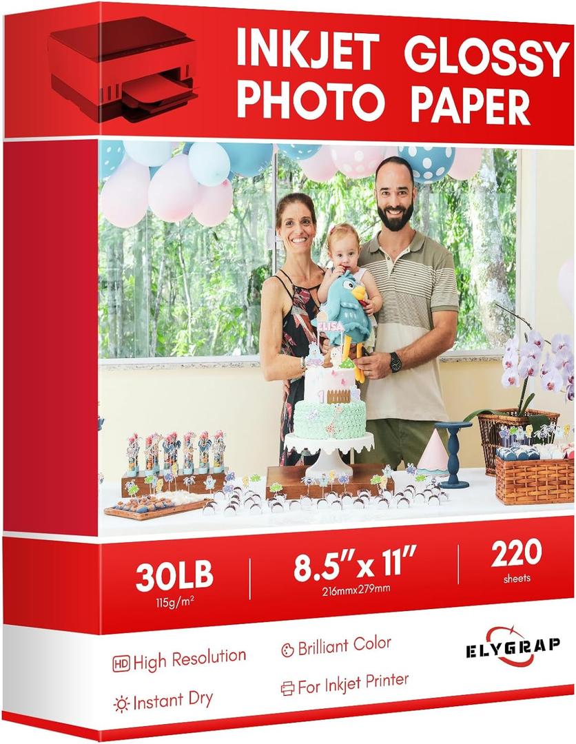 220 Sheets Glossy Thin Inkjet Printer Paper 115gsm 30Lb 8.5x11 Inches for DIY Chip Bag and Print Brochure Flyer,Compatible Inkje Printer and Dye ink Elygrap