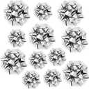 WRAPAHOLIC Metallic Silver Gift Bow Assortment (12 Bows) for Birthday, Wedding, Christmas, Baby Shower, Bridal Showers