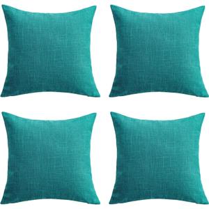 Set of 4 Teal Blue Throw Pillow Covers Neutral Textured Linen Decorative Pillowcases 18x18 Inch, Farmhouse Rustic Outdoor Pillow Cover Square Accent Cushion Cases for Sofa Couch Home