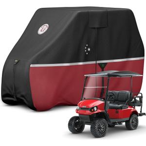 Waterproof Golf Cart Cover, Heavy Duty Marine Grade Fabric, Universal Fits for Most Brand 2/2+2/4+2 Passengers Yamaha, Honda, Club Car, EZGO Golf Cart (420D Black/Red)