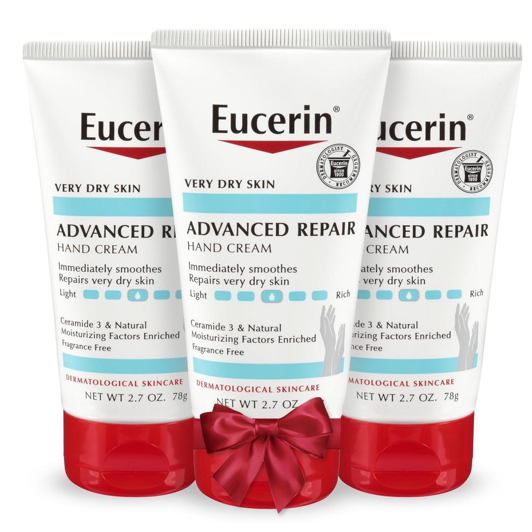 Eucerin Advanced Repair Hand Cream, Immediately Soothes and Repairs Very Dry Skin, Fragrance Free, Non Greasy, Fast Absorbing, Travel Size Hand Lotion, 2.7 Oz Tube, Pack of 3