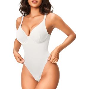 Nebility Shapewear Bodysuits for Women Tummy Control Body Shaper Deep V Neck Thong Body Suits (Small, White)