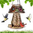 Mushroom Solar Bird Feeders for Outdoors Hanging Metal Wild Bird Feeder with S Hook for Garden Decoration Brown