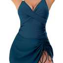 Women's One Piece Swim Dress Gold Metal Strap Tummy Control Swimsuit (X-Large, Blue Green)