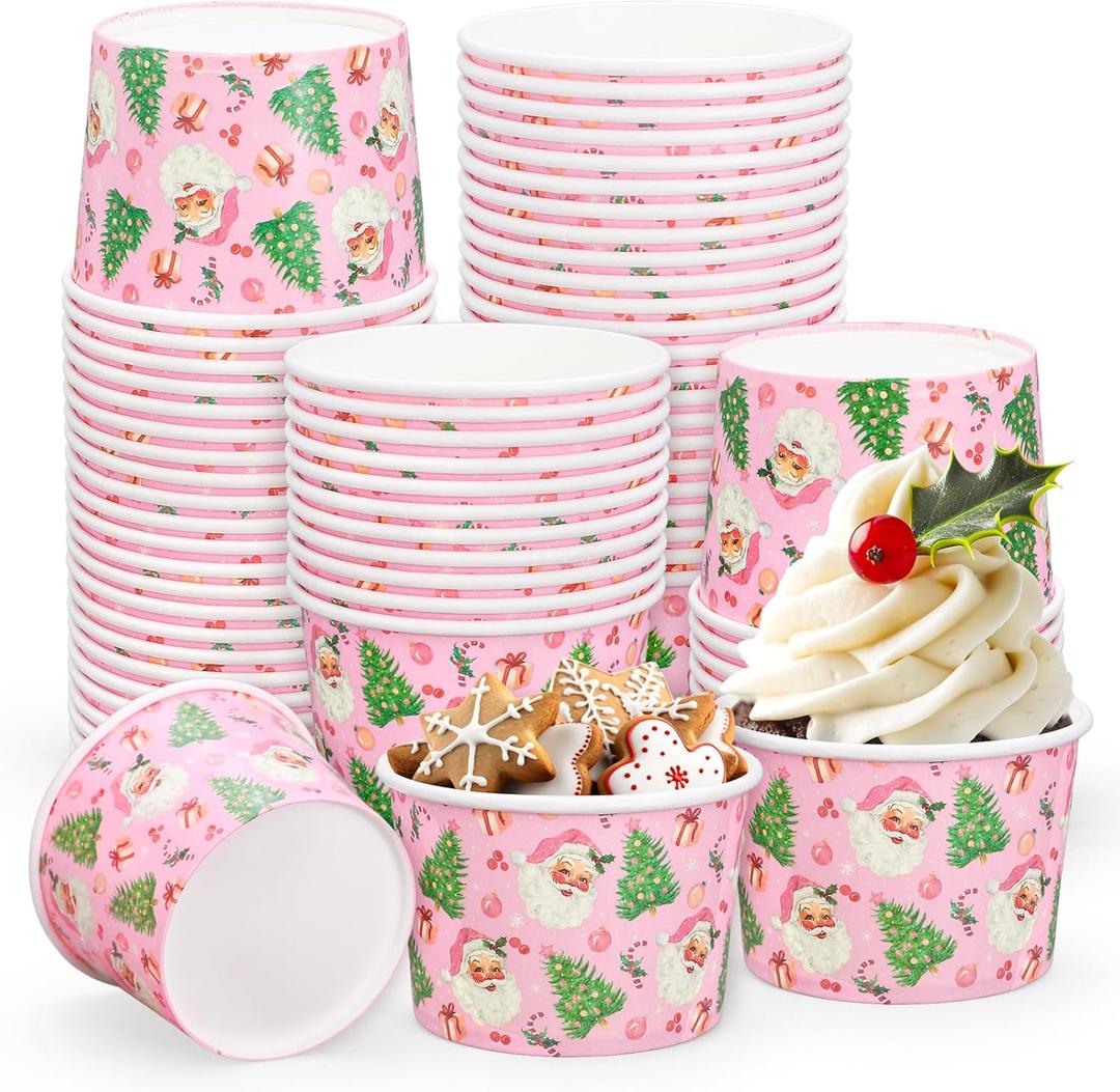 Whaline 50 Pcs Christmas Snack Cups Pink Santa Claus Xmas Tree Disposable Bowls 9oz Ice Cream Dessert Treat Paper Bowls for Hot Iced Food Birthday Baby Shower Party Supplies