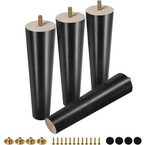 FoDau770 Black Rubber Wood Furniture Legs 8 Inches, Straight Tapered Wood Feet Mid Century Sofa Legs Set of 4, 5/16" UNC Furniture Feet for Cabinet Couch Dresser Chair Ottoman Table