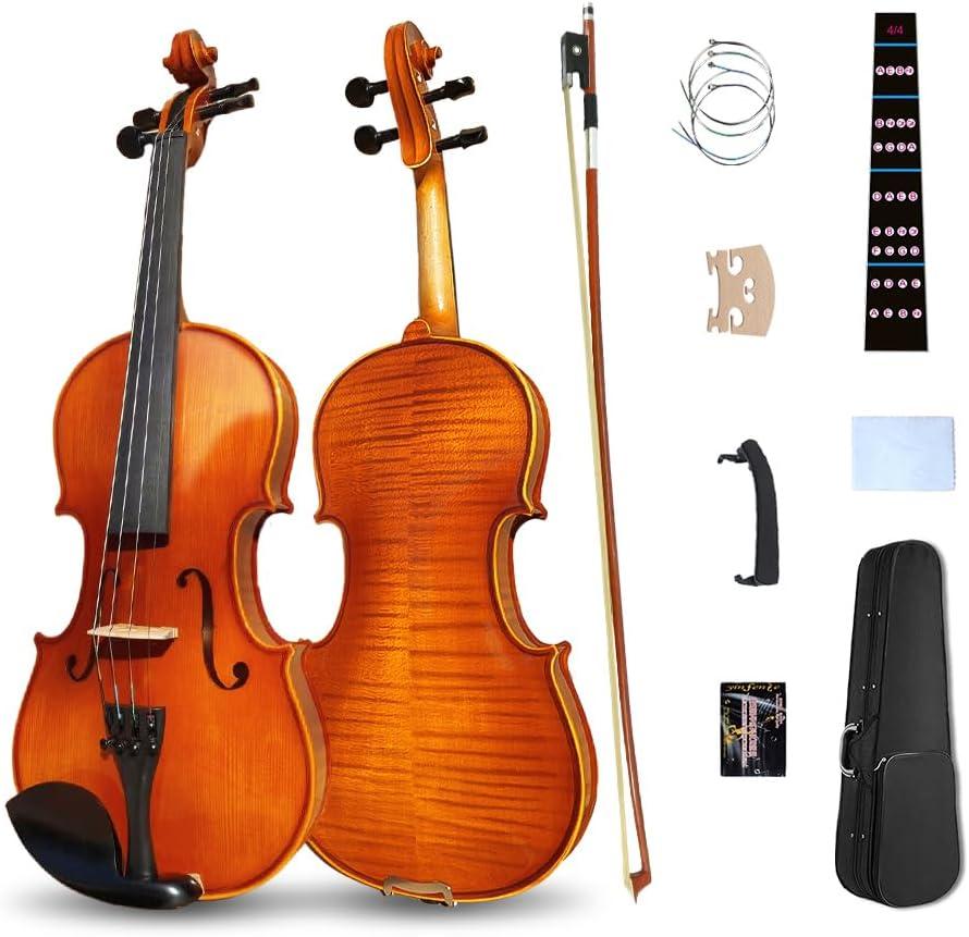 Violin 4/4 Full Size Set, Fiddle Solid Wood for Professional Beginners Adults Acoustic Violin Kit with Brazilwood Bow, Shoulder Rest, Extra strings, Bridge, Rosins, Case(Brown, 4/4)