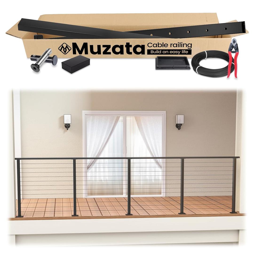 Muzata 6'6"-13' Black Complete Cable Railing Kit 42 Inch Cable Railing System for Decks with Post Handrail Length Adjustable Easy DIY with User Guide Complete Set RCS2 BH4L