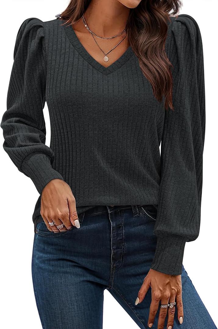 HOTOUCH Women's Knit Shirt Soft Puff Long Sleeve Blouse Tops Lightweight V Neck Tunic XS-XXL (Black, L)