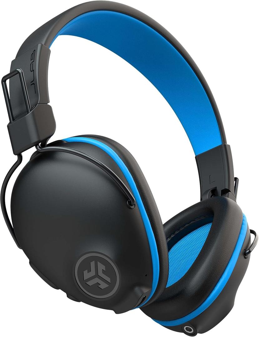 JLab JBuddies Pro Wireless Over-Ear Kids Headphones, 35+ Hour Battery Life, Built-in Volume Regulators for Safety, Share Mode, Folding, Adjustable, Noise Isolation, with Mic, Blue
