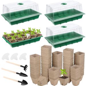 Hahood 4 Pack Seed Starter Tray Kit, 120 Square Seed Peat Pots for Seedlings with Plants Labels, Planting Tools, Plastic Growing Germination Trays with Lids for Indoor Outdoor Gardening, Green