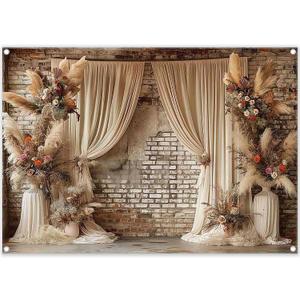 7x5ft Fabric Digital Printing Boho Floral Wedding Backdrop Pampas Grass Curtain Photography Background Bridal Shower Party Decoration Photo Banner