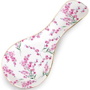 Ceramic Spoon Rest for Stove Top Kitchen Counter Large Spoon Holder Farmhouse Floral Flowers Print Coffee Spoon Cooking Utensil Tools Rest Modern Kitchen Decor (Pink Blossom)