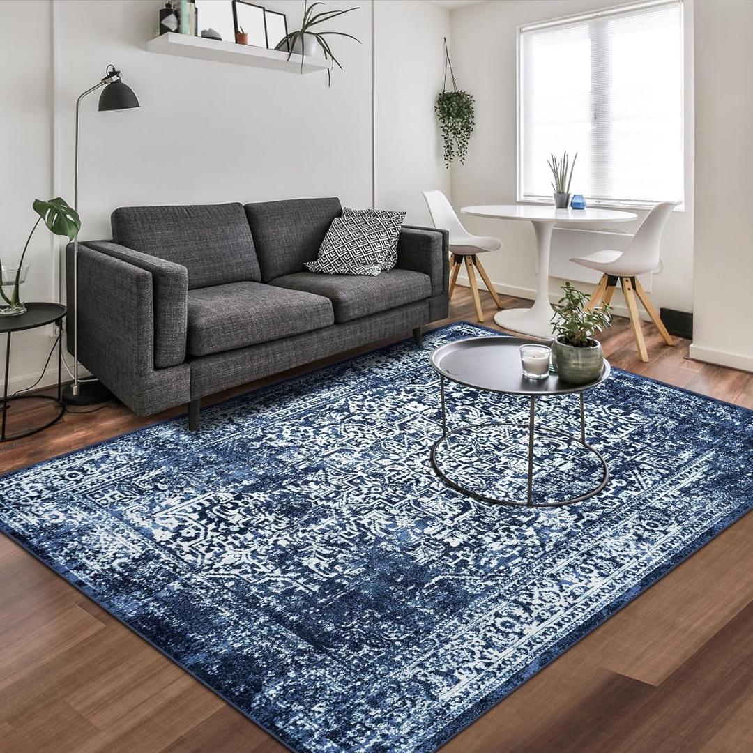 Vivorug 9x12 Area Rugs, Stain Resistant Washable Rug for Living Room, Vintage-Inspired (Navy Blue, 9'x12')
