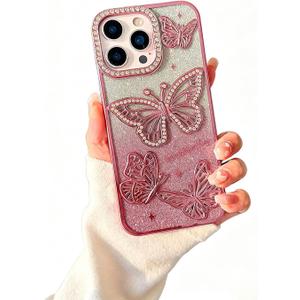 for iPhone 13 Pro, Cute 3D Butterfly Glitter Case 6.1"  Plated Slim Protective Cover with Camera Protection, Drop-Resistant Bumper for Women and Girls (Pink)