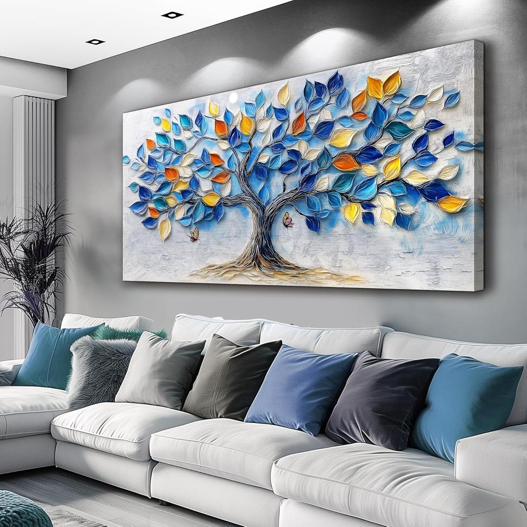 VXMXFTE Large Canvas Wall Art For Living Room Bedroom Wall Decor For Office Dining Room Abstract Blue Tree Painting Restaurant Hallway Wall Home Decor Prints Artwork Picture Aesthetics 24x48 In