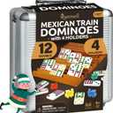 Mexican Train Dominoes Set with 4 Holders - Dominoes Double 12 with Wooden Hub and Tiles Holders - Double 12 Dominos Set for Family Game Night for Adults and Kids Ages 8 and up (D12 + 4 Holders)