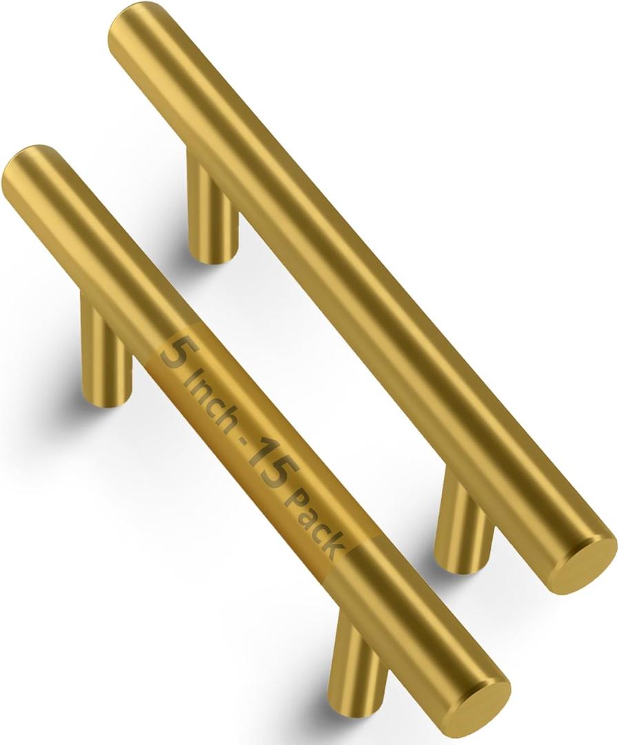Mega Handles 15 Pack I Cabinet Pulls 5 Inch, Stainless Steel Cabinet Handle Pulls I Ideal for Kitchen Drawer, Cabinets, Door, Cupboard I Hardware for Cabinets - Hole Distance 3 Inch - Satin Brass (5.0 IN (15 Pack))