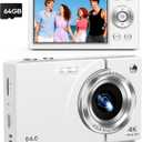 Digital Camera, 4K Vlogging Camera with Autofocus, 64MP, 16X Zoom, 64GB Card Included, Built-in Battery, Compact Digital Camera for Teens Adult Beginners, Ideal for Travel & YouTube - White