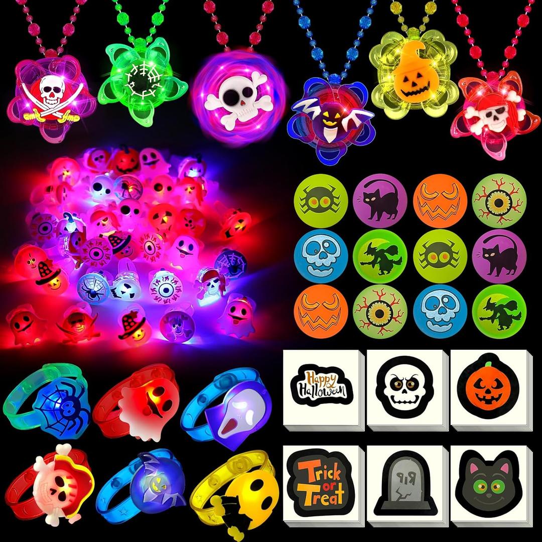 100 PCS Halloween Party Favors for Kids, Halloween Glow in the Dark Toys Rotating Spin Light Up Necklaces, LED Rings Bracelets Balls Decorations, Halloween Trick or Treats Classroom Goodie Bag Fillers