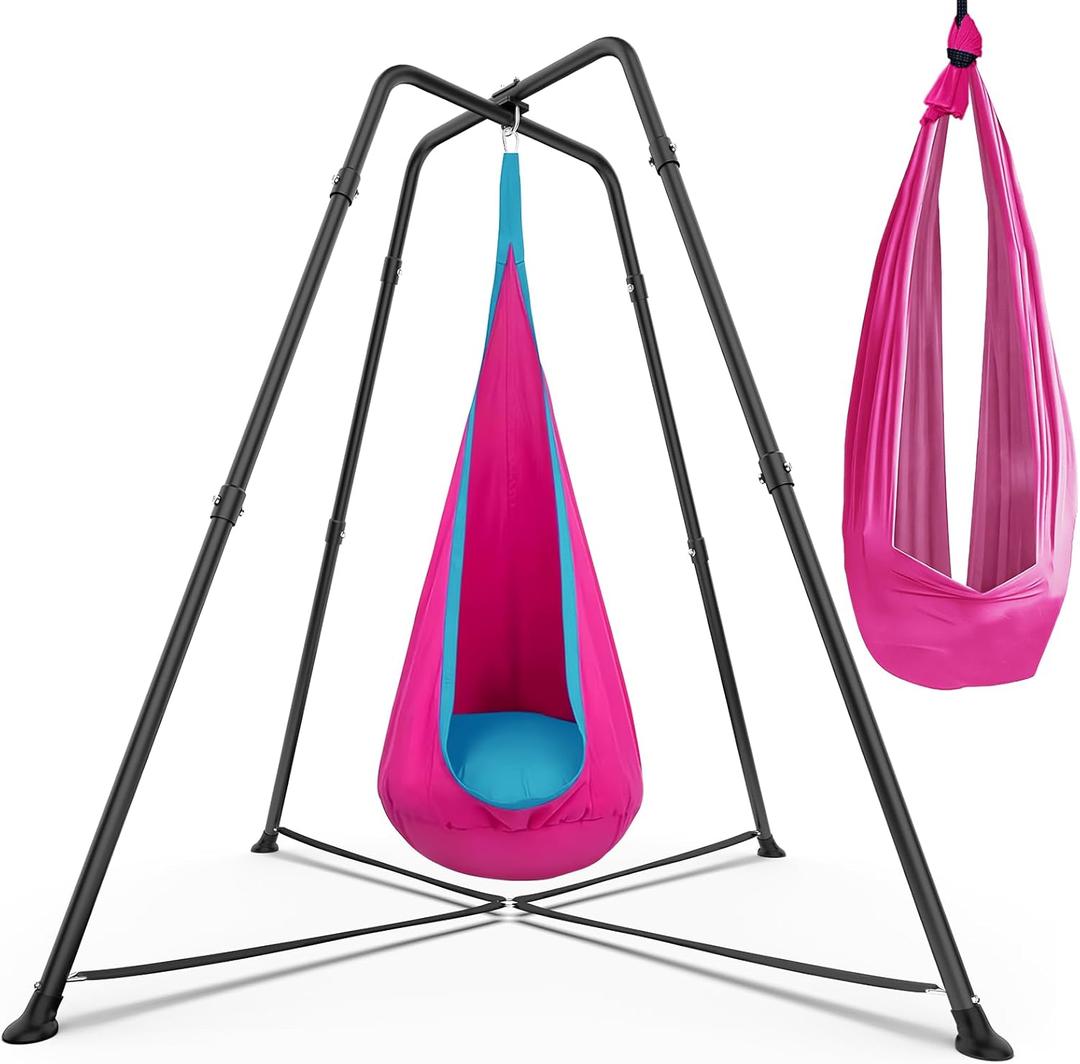 Swing Stand Frame with Sensory Pod Swings and Chair, Sensory Swing Set, X-Shaped Swing Frame, Heavy-Duty Metal Hammock Chair Stand for for Adults Indoor and Outdoor 330LBS(Pink)